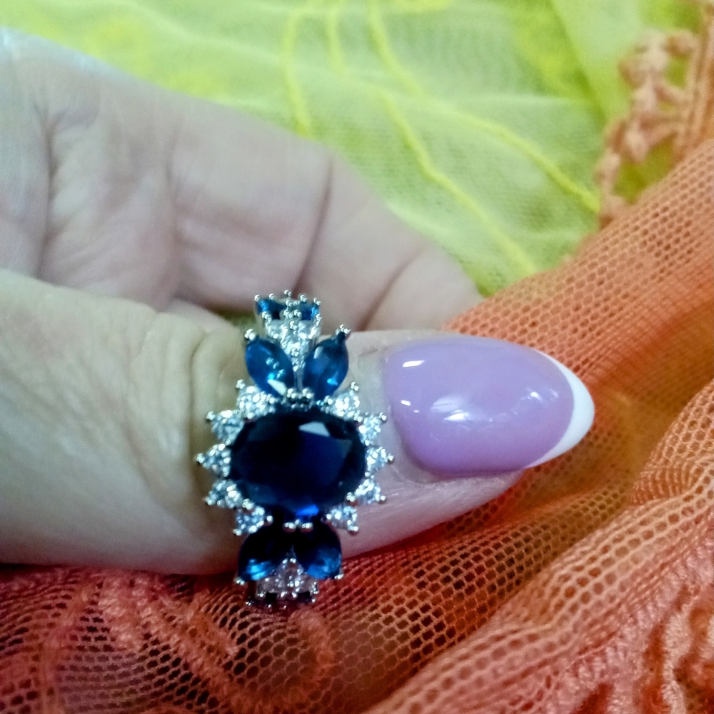 Silver and Blue Sapphire Halo Ring